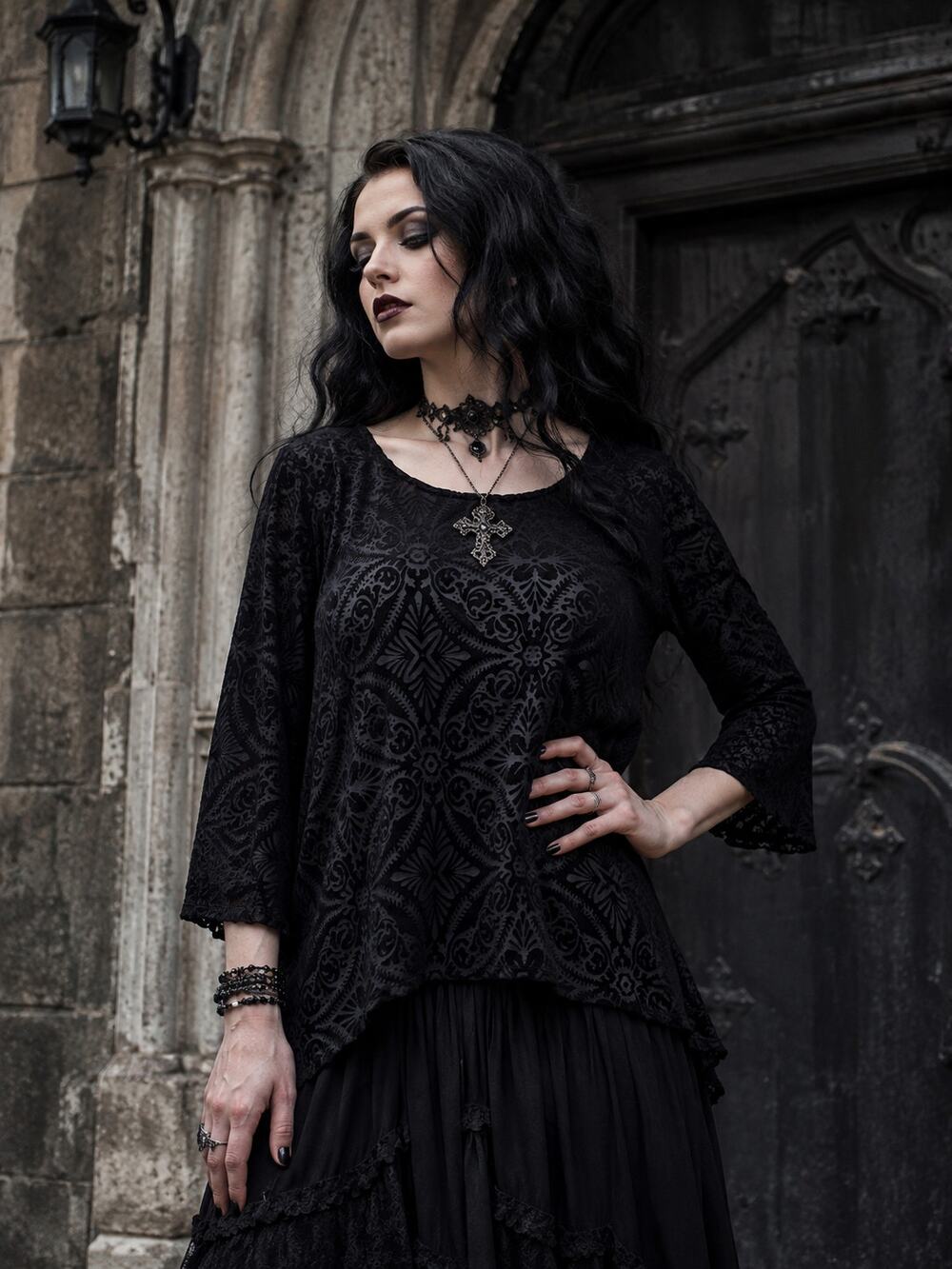 Black Velvet Burnout Mesh Blouse Gothic Damask 3/4 Sleeve Sheer Tunic Top М